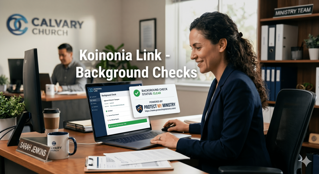 Church staff reviewing background check on laptop